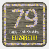 Sticker Carré 79e anniversaire : numéro floral, Faux Wood Look,  (Devant)