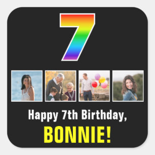 Sticker Carré 7e anniversaire : Arc-en-ciel "7"; photos et nom p