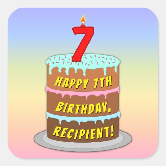 Sticker Carré 7e anniversaire : Fun Cake and Candle + Nom person (Devant)
