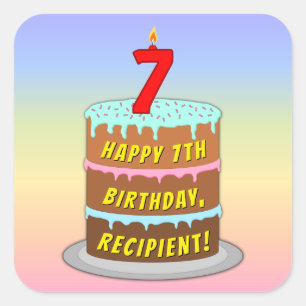 Sticker Carré 7e anniversaire : Fun Cake and Candle + Nom person