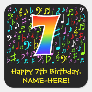 Sticker Carré 7e anniversaire : Symboles de musique colorée, Ar