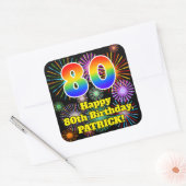 Sticker Carré 80e anniversaire : Fun Fireworks Look, Arc en ciel (Enveloppe)