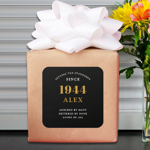 Sticker Carré 80e anniversaire Nom 1944 Black Gold Elegant Chic