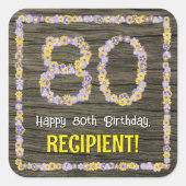 Sticker Carré 80e anniversaire : numéro floral, Faux Wood Look,  (Devant)