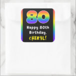 Sticker Carré 80e anniversaire : Rainbow Spectrum # 80, Nom pers<br><div class="desc">Ce design d'autocollant carré passionnant et audacieux à thème d'anniversaire comprend le numéro "80" avec un motif multicolore à spectre arc-en-ciel inspiré de dégradé, avec le message "Happy 80th Birthday, " et un nom de destinataire modifiable. Des autocollants sur le thème de l'anniversaire joyeux comme ceux-ci peuvent être utilisés ou...</div>
