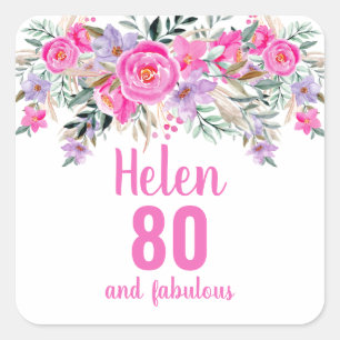 Sticker Carré 80e anniversaire rose aquarelle floral