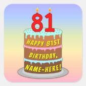 Sticker Carré 81e anniversaire : Fun Cake and Candles + Nom pers (Devant)