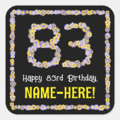 Sticker Carré 83e anniversaire : Floral Flowers Numéro, Nom pers (Devant)