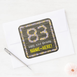 Sticker Carré 83e anniversaire : numéro floral, Faux Wood Look,