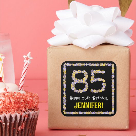 Sticker Carré 85e anniversaire : Floral Flowers Numéro, Nom pers (Fête)