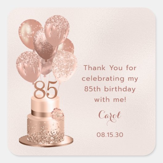 Sticker Carré 85e anniversaire Rose Merci Gold Cake (Devant)