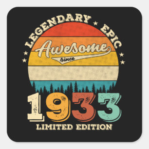 Sticker Carré 89 ans Awesome depuis 1933 89e anniversaire Cadeau