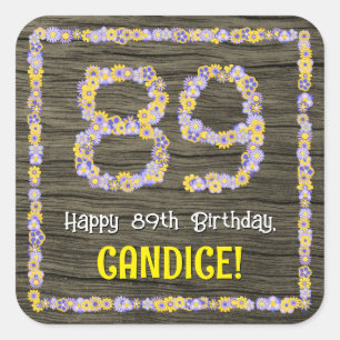 Sticker Carré 89e anniversaire : numéro floral, Faux Wood Look,