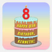 Sticker Carré 8e anniversaire : Fun Cake and Candle + Nom person (Devant)