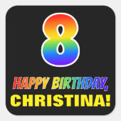 Sticker Carré 8e anniversaire : Gras, Amusant, Simple, Arc-en-ci (Devant)