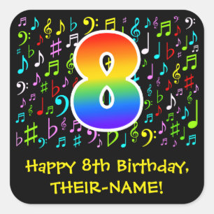 Sticker Carré 8e anniversaire : Symboles de musique colorée, Ar