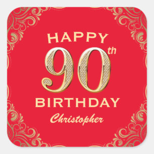 Sticker Carré 90e anniversaire Parties scintillant rouge et or