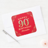 Sticker Carré 90e anniversaire Parties scintillant rouge et or (Enveloppe)