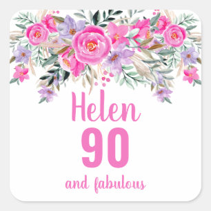 Sticker Carré 90e anniversaire rose aquarelle floral