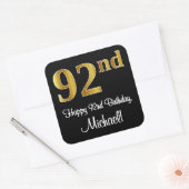 Sticker Carré 92e anniversaire - Elégant luxe Faux Gold Look # (Enveloppe)