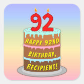 Sticker Carré 92e anniversaire : Fun Cake and Candles + Nom pers (Devant)