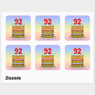 Sticker Carré 92e anniversaire : Fun Cake and Candles + Nom pers
