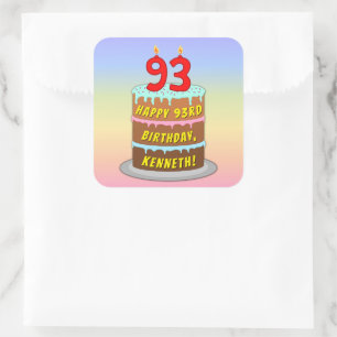 Sticker Carré 93e anniversaire : Fun Cake and Candles + Nom pers