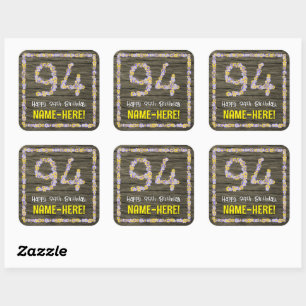 Sticker Carré 94e anniversaire : numéro floral, Faux Wood Look,