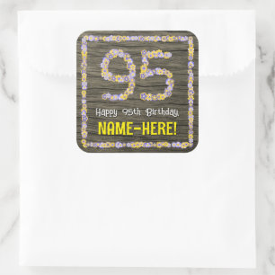 Sticker Carré 95e anniversaire : numéro floral, Faux Wood Look,