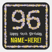 Sticker Carré 96e anniversaire : Floral Flowers Numéro, Nom pers (Devant)