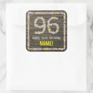 Sticker Carré 96e anniversaire : numéro floral, Faux Wood Look,