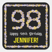 Sticker Carré 98e anniversaire : Floral Flowers Numéro, Nom pers (Devant)