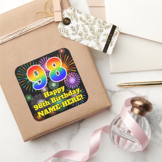 Sticker Carré 98e anniversaire : Fun Fireworks Look, Arc-en-ciel (Cadeaux)