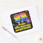 Sticker Carré 98e anniversaire : Fun Fireworks Look, Arc-en-ciel (Enveloppe)