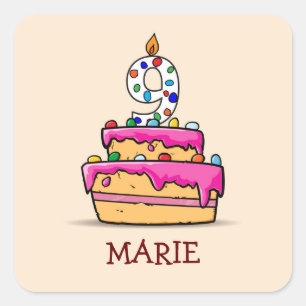 Sticker Carré 9e anniversaire, 9 ans, gâteau rose sucré