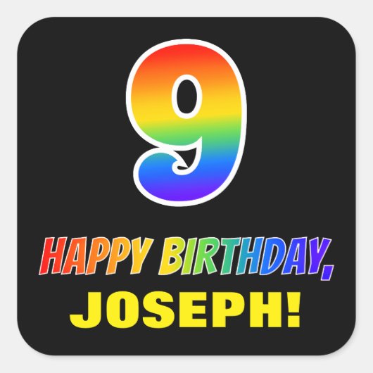 Sticker Carré 9e anniversaire : Bold, amusant, simple, arc-en-ci (Devant)