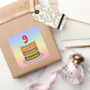 Sticker Carré 9e anniversaire : Fun Cake and Candle + Nom person