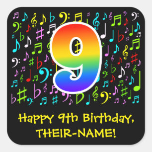 Sticker Carré 9e anniversaire : Symboles de musique colorée, Ar