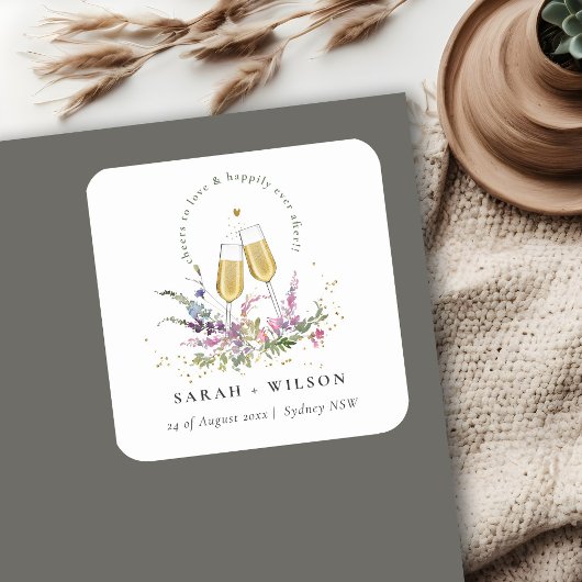 Sticker Carré À l'amour Verres à vin en or Fleurs Mariage