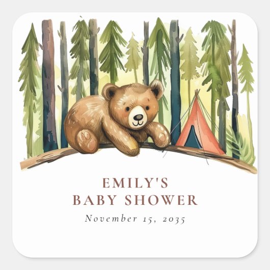 Sticker Carré A Little Camper Forest Baby Shower (Devant)