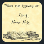 Sticker Carré À partir de la bibliothèque de livres Vintages Pla<br><div class="desc">Cette plaque carré personnalisée a de la place pour votre nom dans les lettres de script et l'art des livres vintages et une vieille plume d'écriture dans l'art gravé antique sur un arrière - plan faux parchemin, Le haut lit De la bibliothèque de dans vieilles lettres gothiques anglais. Vous pouvez...</div>