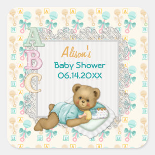 Sticker Carré ABC Teddy Peach et Aqua Baby shower