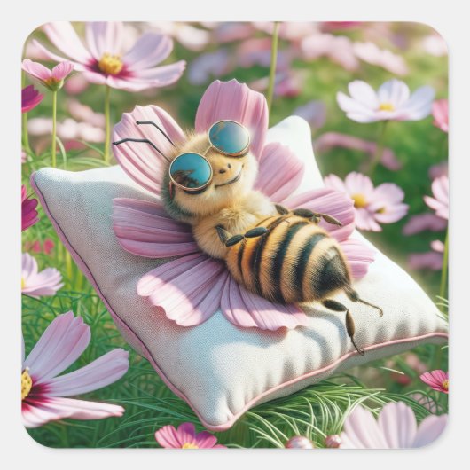 Sticker Carré Abeille de miel reposant sur un Coussin (Devant)
