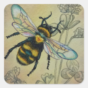 Sticker Carré Abeille vintage no 2 et Aquarelle de trèfle