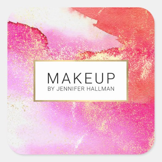 Sticker Carré Abstrait Aquarelle Rose Clair Faux Poussière d'Or (Devant)