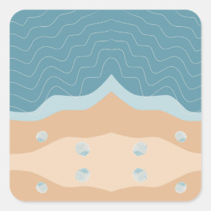 Sticker Carré Abstrait Beach Motif Wave Lines Blue Sand Shells