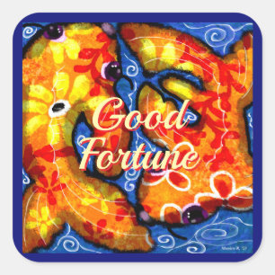 Sticker Carré Abstrait Floral Koi Poisson Orange Jaune Rouge Ble