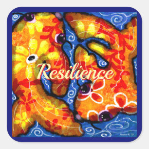 Sticker Carré Abstrait Floral Koi Poisson Orange Jaune Rouge Ble