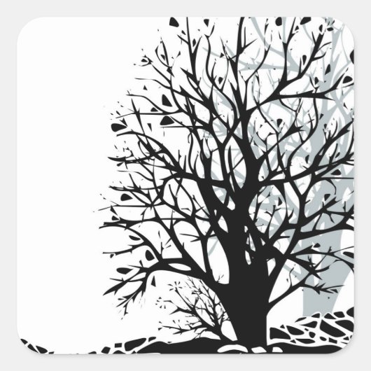 Sticker Carré Abstrait moderne arbre noir silhouette ombre blanc (Devant)