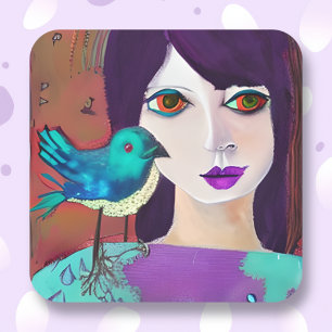 Sticker Carré Abstraite fille et oiseau pourpre et Turquoise